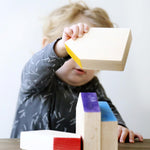 Grapat Six Wooden Houses Set in play with toddler stacking. Different simple geometric shapes in natural wood and colourful painted roofs. White background.