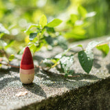 Close up of a Grapat yay open ended wooden play figure stood on a stone wall next to a green leaf