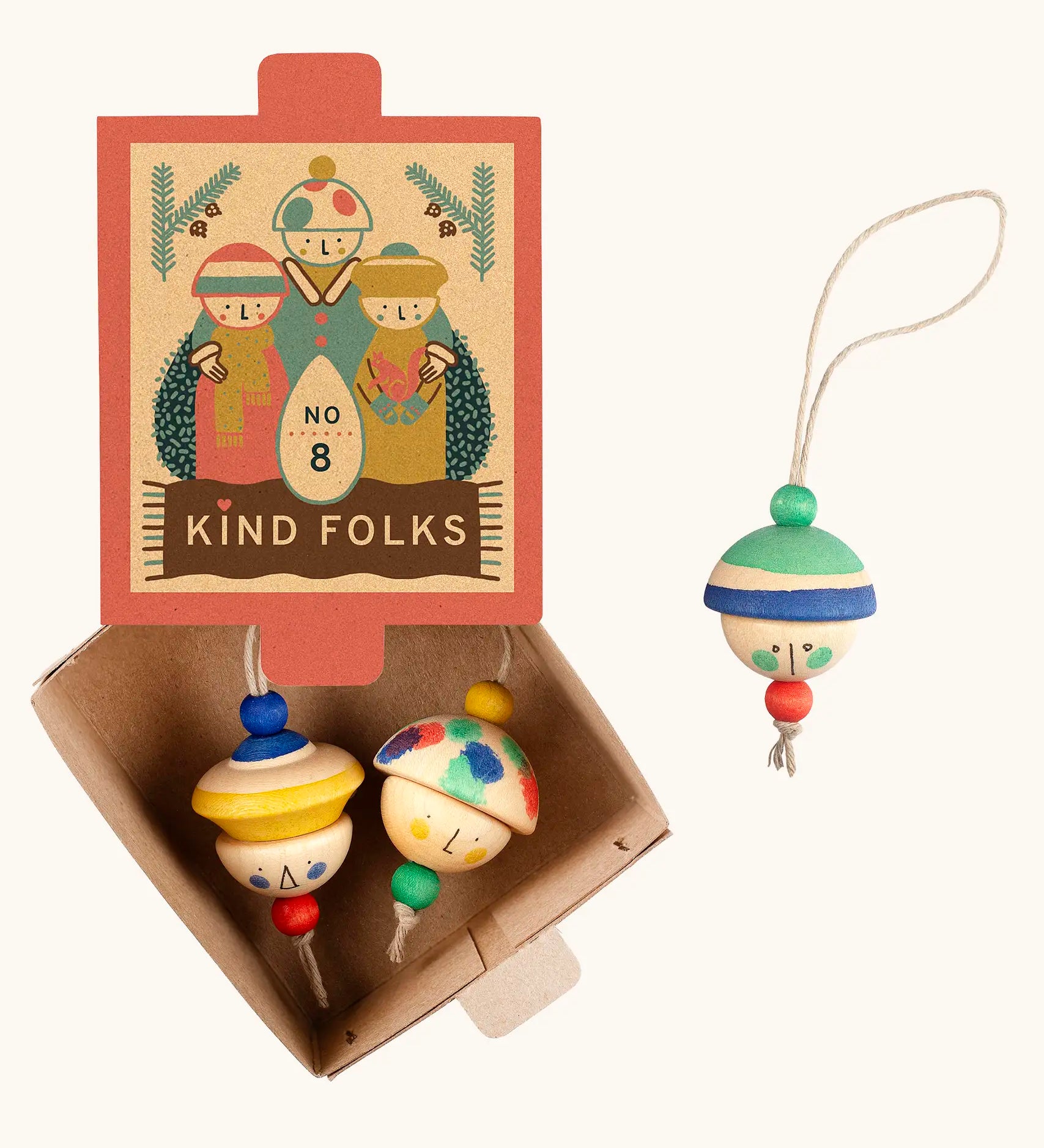 Grapat kind folk wooden Christmas ornaments hanging decorations. Three hand painted wooden decorations in a decorated gift box.