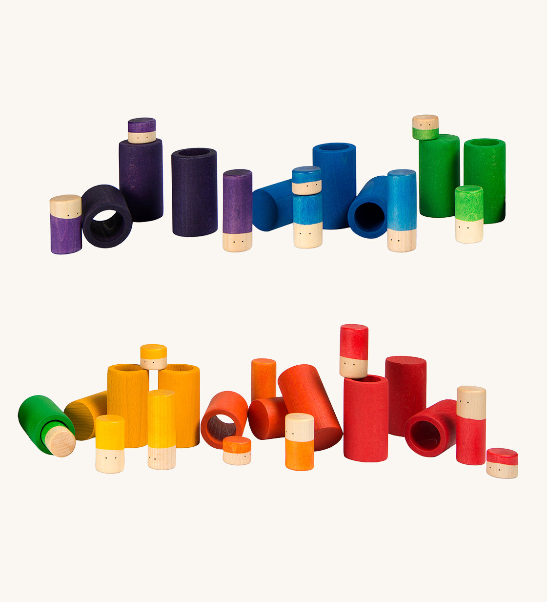 Grapat Lo wooden toy play set. A set that consists of cylinder and tubes than can be slotted in or on top of each other. These wooden toys are part of a wide range of open ended toys available at Babipur.