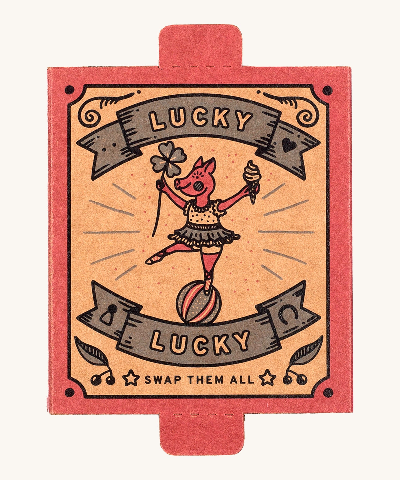 Grapat lucky lucky box 4th edition showing a traditional style print of a ballerina pig balancing on a ball. 