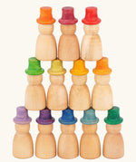Grapat 12 Magos Rainbow Hats. Natural wooden magos peg dolls with hand-painted rainbow coloured hats.