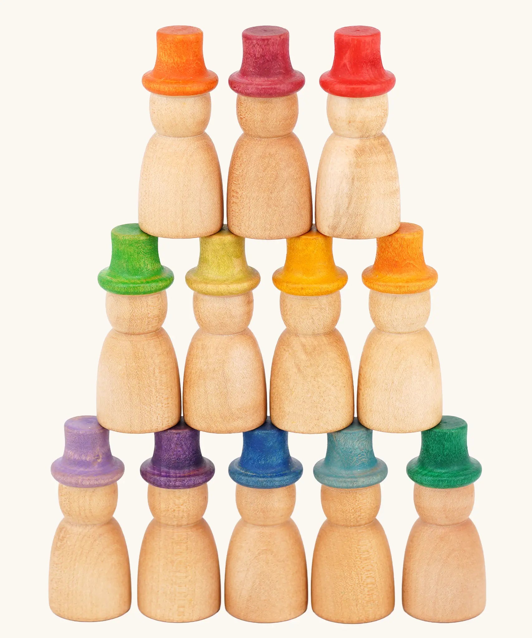 Grapat 12 Magos Rainbow Hats. Natural wooden magos peg dolls with hand-painted rainbow coloured hats.