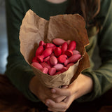 A set of Grapat 36x Mandala Flower Petals placed in brown paper held in a child's hand. A set of 36 flower petal mandala pieces in three shades of pink. Grapat have a wide range of wooden toys and loose parts available at Babipur. 