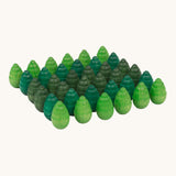 Grapat 36 Mandala Pieces Little Trees. 36 tree shaped mandala pieces in 3 different shades of green, 12 in each colour. Grapat have a wide range of wooden toys and loose parts available at Babipur. 