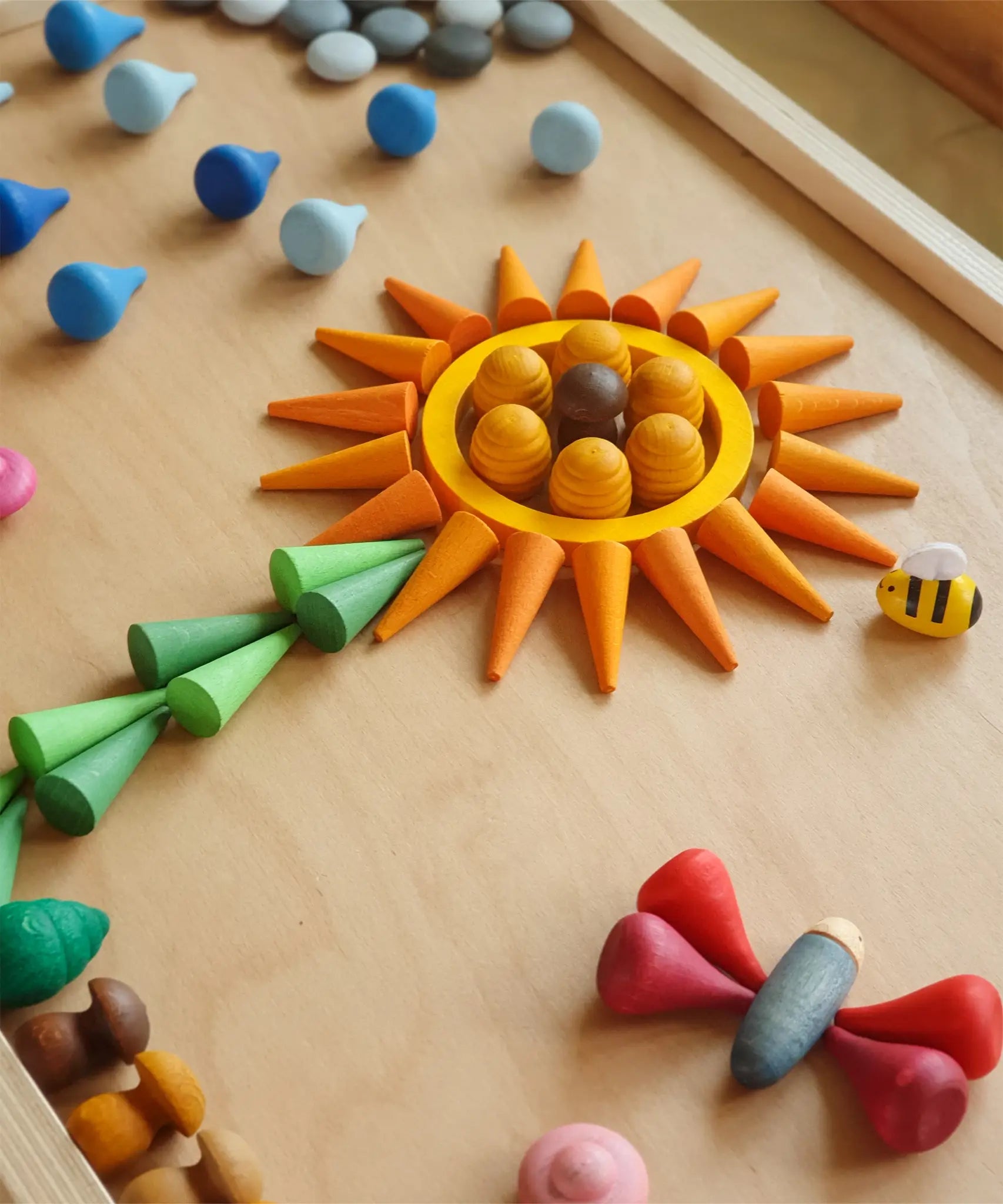 Flower flatlay made from Grapat handcrafted mini wooden honeycomb  and other loose pieces