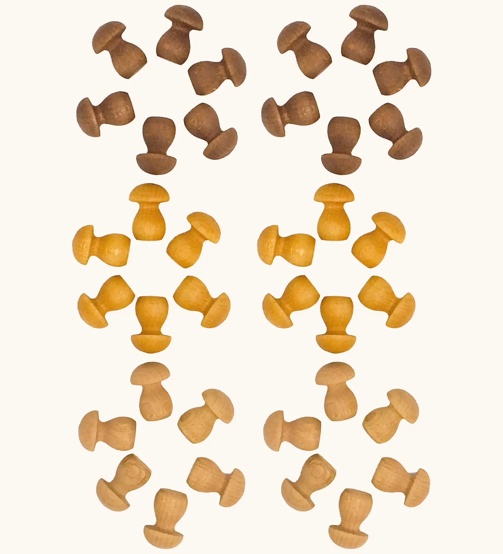 Grapat mini wooden mushroom shaped mandala loose pieces. Includes 36 individual pieces in dark and light shades of brown