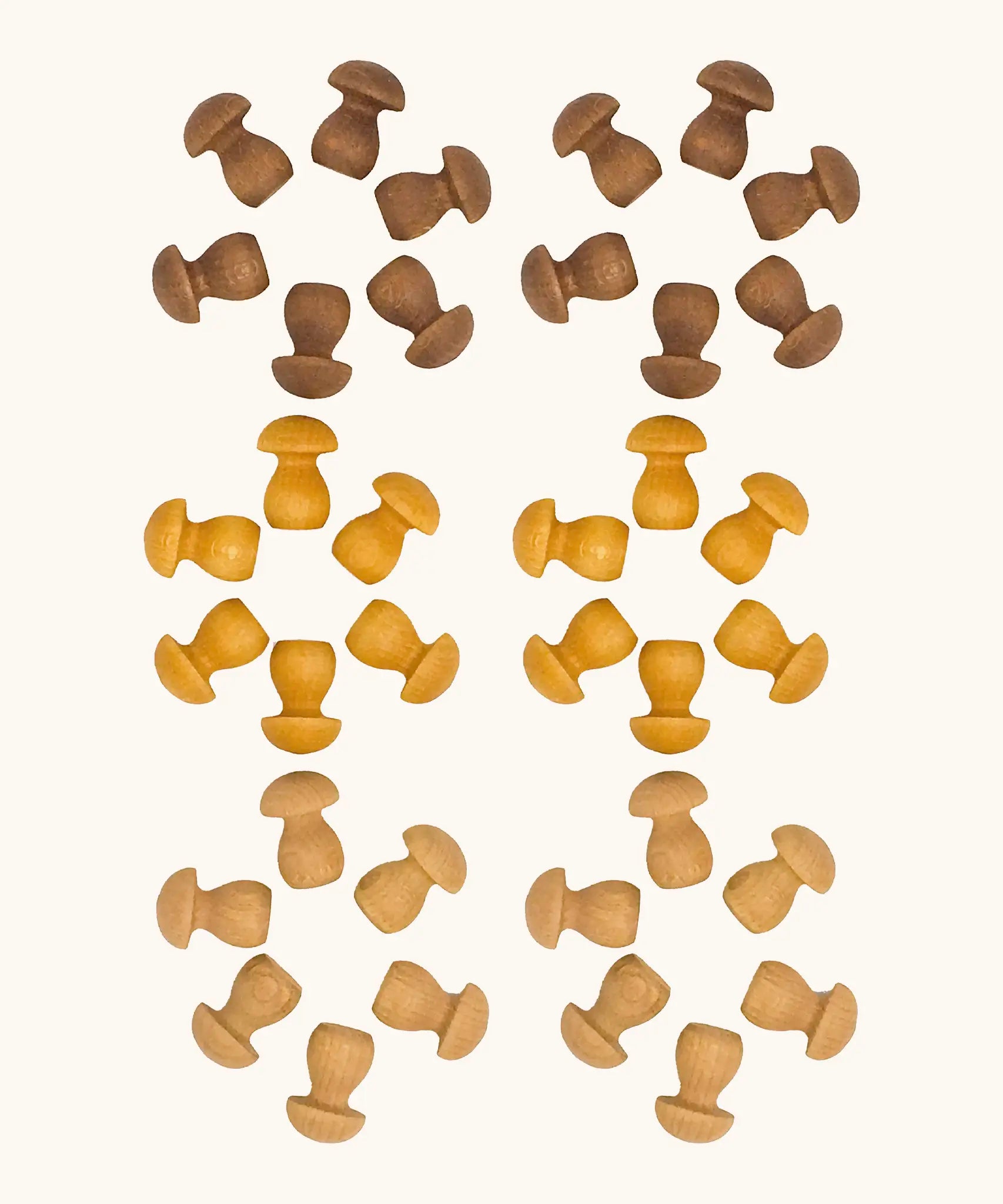 Grapat mini wooden mushroom shaped mandala loose pieces. Includes 36 individual pieces in dark and light shades of brown