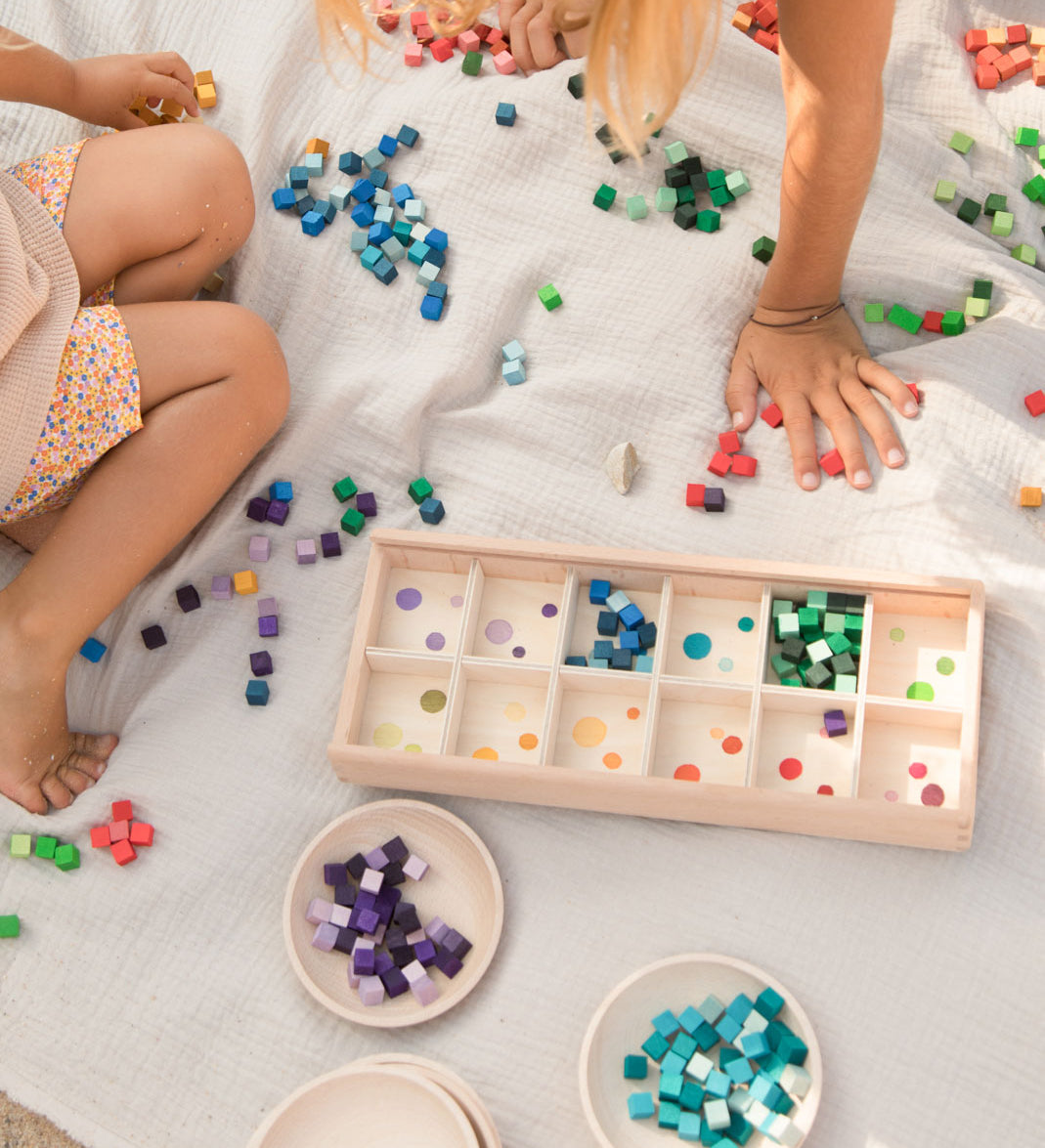 Children playing with the Grapat Mis and Match Wooden Sorting Box Play Set