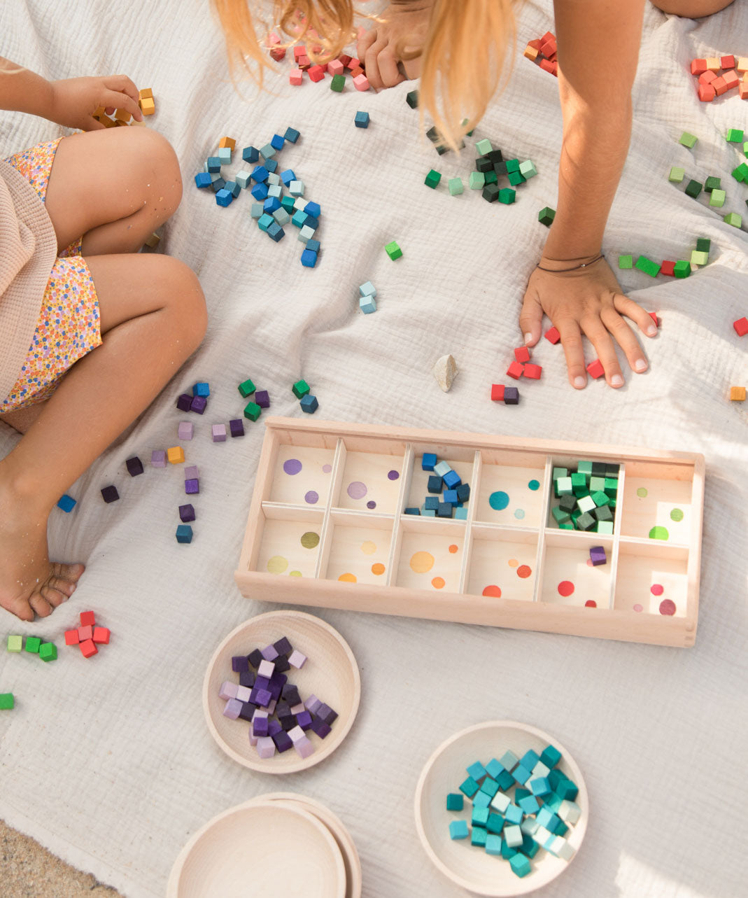 Children playing with the Grapat Mis and Match Wooden Sorting Box Play Set