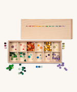 Grapat Mis and Match Wooden Sorting Box Play Set. A wooden box with 12 compartments and wooden cubes in rainbow colours.