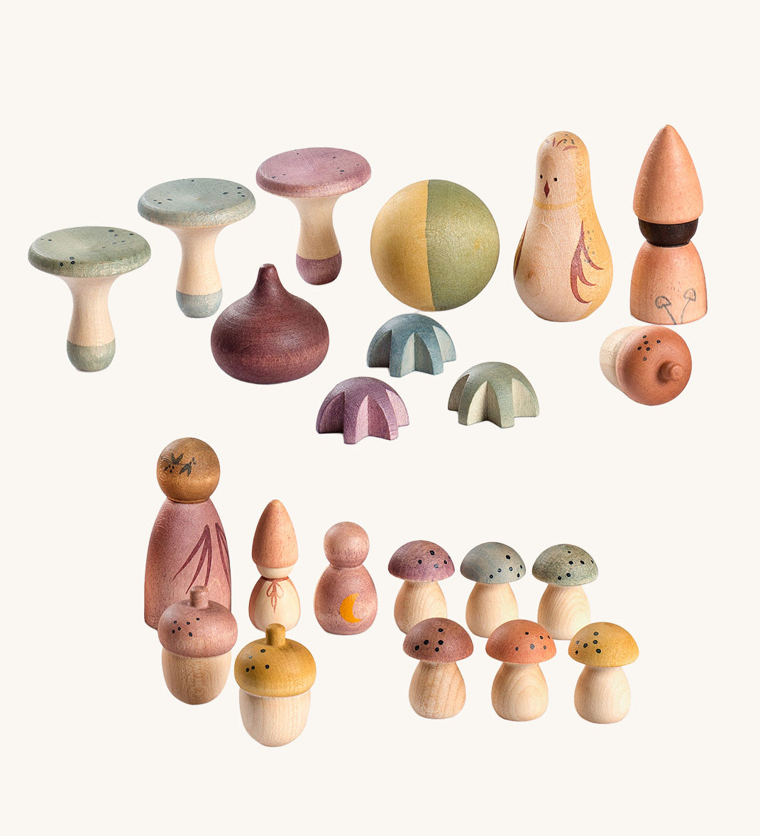 Grapat Moonlight Tale Play Set. Various handmade and hand painted wooden figures of mushrooms.