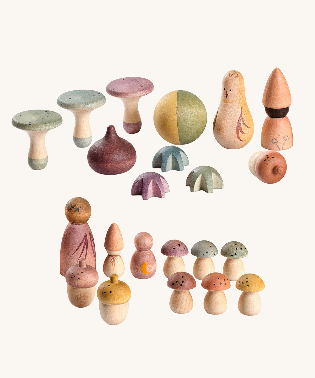 Grapat Moonlight Tale Play Set. Various handmade and hand painted wooden figures of mushrooms.