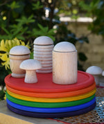 Grapat loose parts, mates, cups mushroom, honeycomb cup placed on a stack of rainbow dishes. 