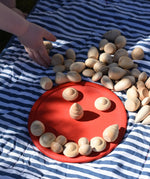 Grapat natural mandala pieces placed on a red dish to create a face.