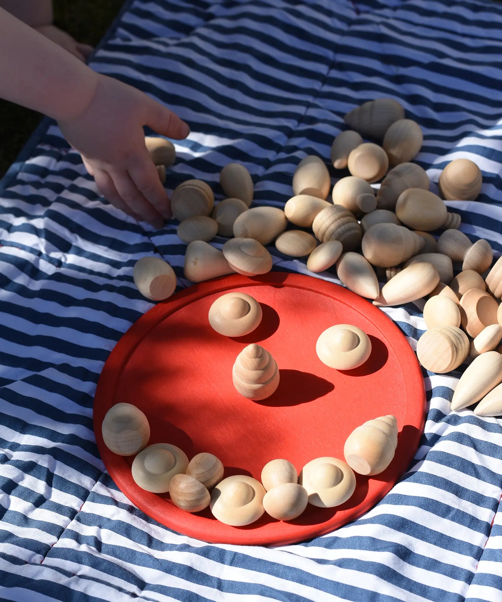 Grapat natural mandala pieces placed on a red dish to create a face.