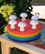 Grapat 6 Natural Mushrooms placed on a stack of rainbow dishes.