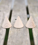 Three Grapat natural wooden cones placed on a wooden surface in the Babipur garden. 