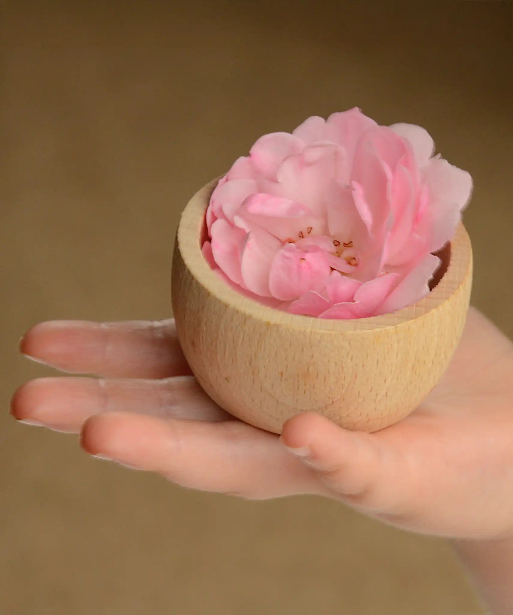Grapat natural wooden toy bowl with a pink flower placed inside, placed on a child's hand.