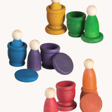 Grapat Wooden Peg Doll Nins®, Mates (Cups) and Coins in 6 rainbow colours.