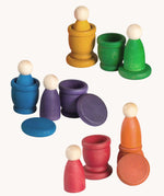 Grapat Wooden Peg Doll Nins®, Mates (Cups) and Coins in 6 rainbow colours.