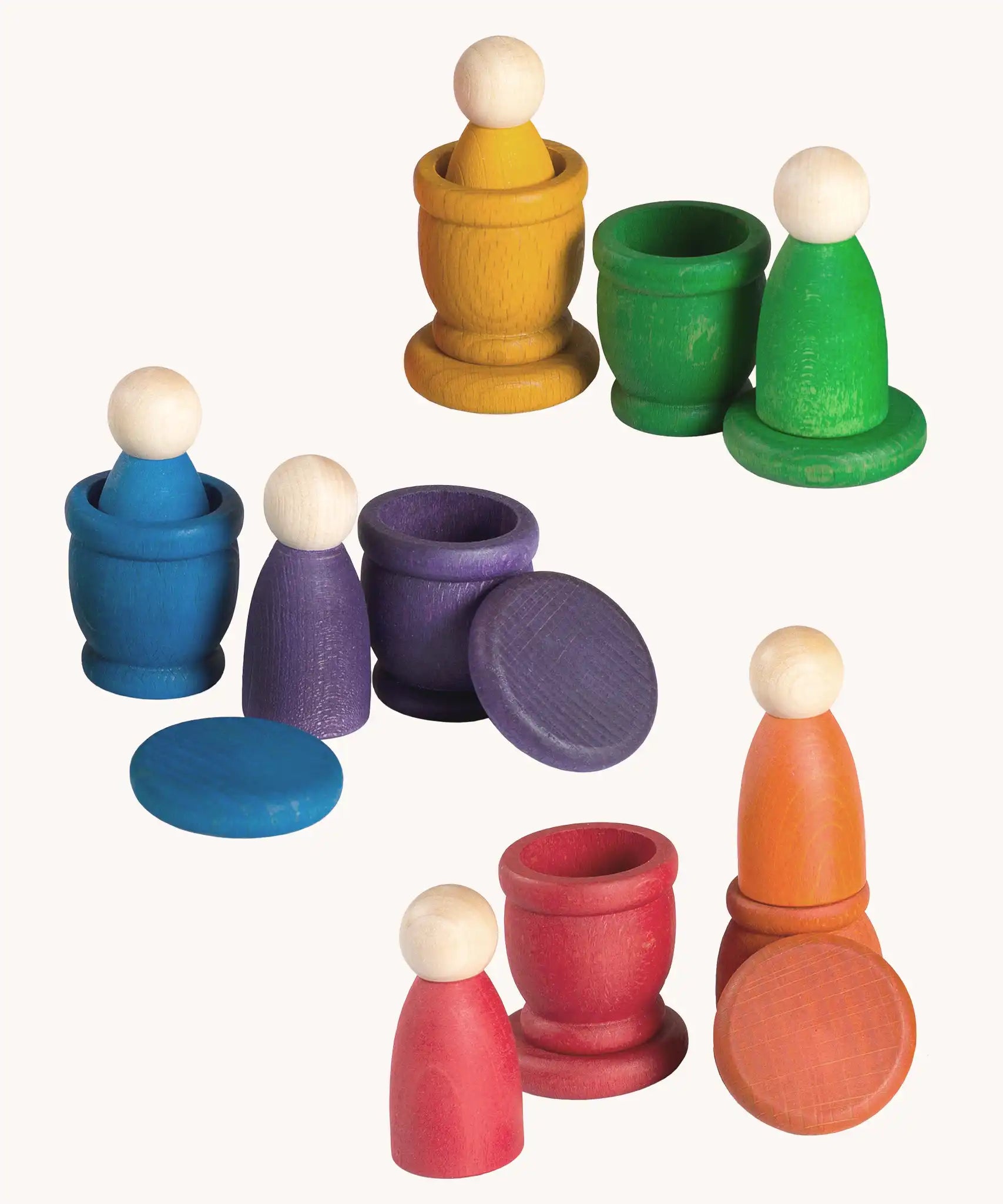 Grapat Wooden Peg Doll Nins®, Mates (Cups) and Coins in 6 rainbow colours.