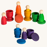 Grapat Wooden Peg Doll Nins®, Mates (Cups) and Coins in 6 rainbow colours. These wooden toys are part of a wide range of open ended toys available at Babipur.  
