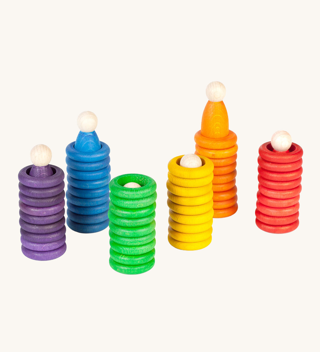 Grapat Wooden Peg Doll Nins®, Rings and Coins wooden toy play set. These wooden toys are part of a wide range of open ended toys available at Babipur.  