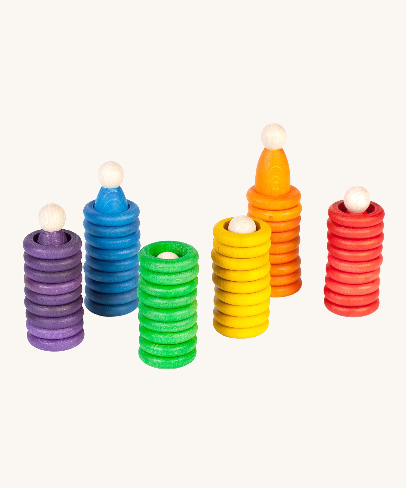 Grapat Wooden Peg Doll Nins®, Rings and Coins wooden toy play set. These wooden toys are part of a wide range of open ended toys available at Babipur.  