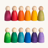 Grapat 12 Rainbow Nins wooden peg dolls. These wooden toys are part of a wide range of open ended toys available at Babipur.  