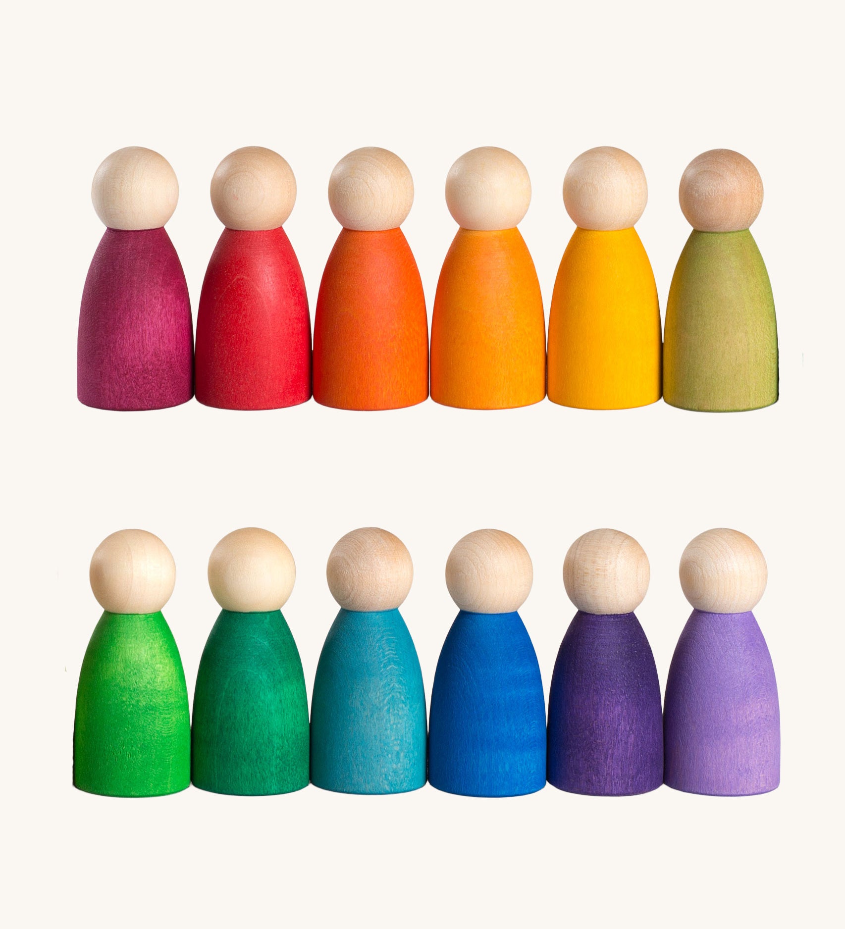 Grapat 12 Rainbow Nins wooden peg dolls. These wooden toys are part of a wide range of open ended toys available at Babipur.  