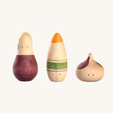 Grapat Ooh-Lala! Set. A set of three wodeen toy figures hand painted in shades of purple, green and yellow.