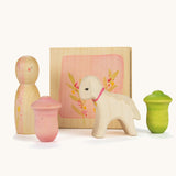 Grapat and Ostheimer collaboration  Handmade Seasonal Play Set Hello Spring. The set cotains a small flower press, a decorated Nin, two tulip flowers and an Ostheimer lamb.