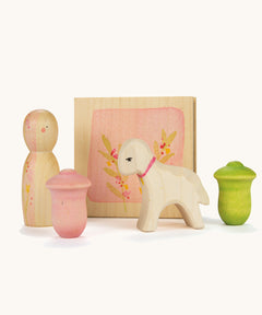 Grapat and Ostheimer collaboration  Handmade Seasonal Play Set Hello Spring. The set cotains a small flower press, a decorated Nin, two tulip flowers and an Ostheimer lamb.
