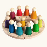 Grapat English Perpetual Calendar showing 12 nin peg dolls a display ring  and two cubes in the centre to mark the date.