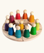 Grapat English Perpetual Calendar showing 12 nin peg dolls a display ring  and two cubes in the centre to mark the date.