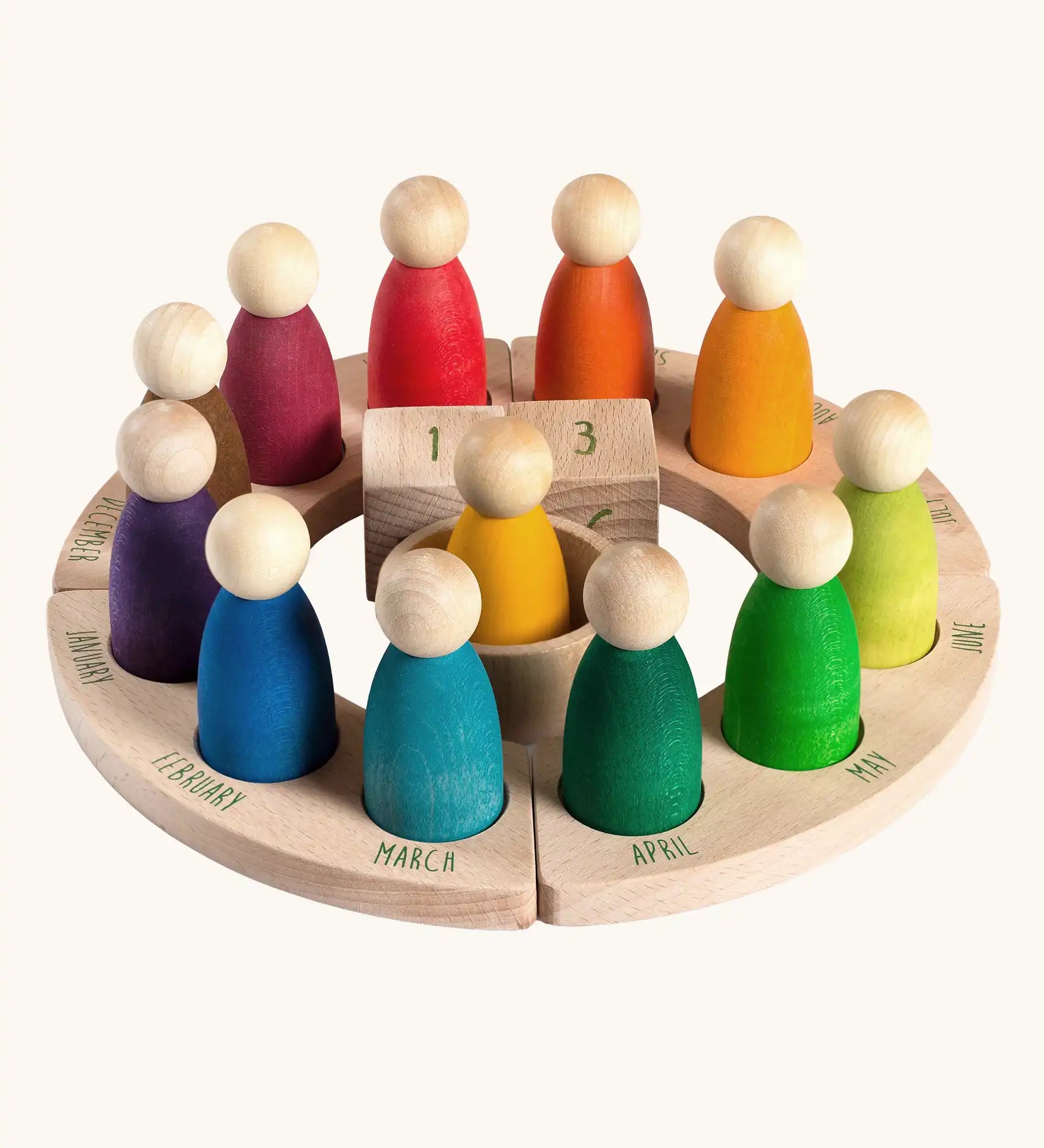 Grapat English Perpetual Calendar showing 12 nin peg dolls a display ring  and two cubes in the centre to mark the date.