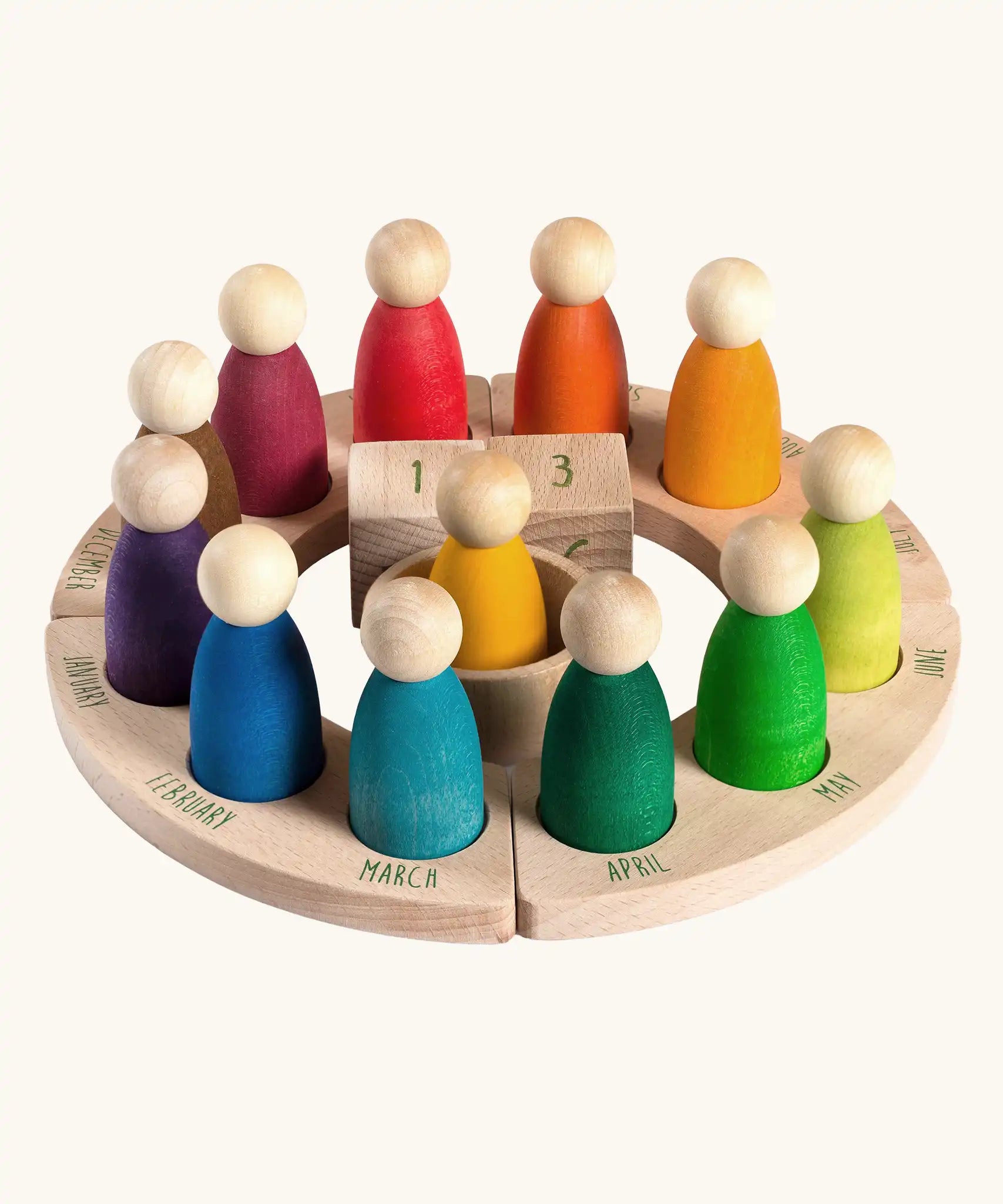 Grapat English Perpetual Calendar showing 12 nin peg dolls a display ring  and two cubes in the centre to mark the date.