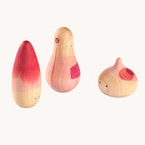 Grapat 3 Yay! Wooden Figures Play Set. This set of three figures are decorated with pink coloured details. These wooden loose part toys are part of a wide range of open ended toys available at Babipur. 