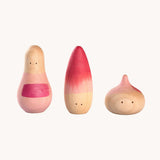 Grapat 3 Yay! Wooden Figures Play Set. This set of three figures are decorated with pink coloured details. These wooden loose part toys are part of a wide range of open ended toys available at Babipur. 