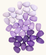 Grapat 36x Mandala Eggs.Wooden egg shaped mandala pieces in three different shades of purple. 