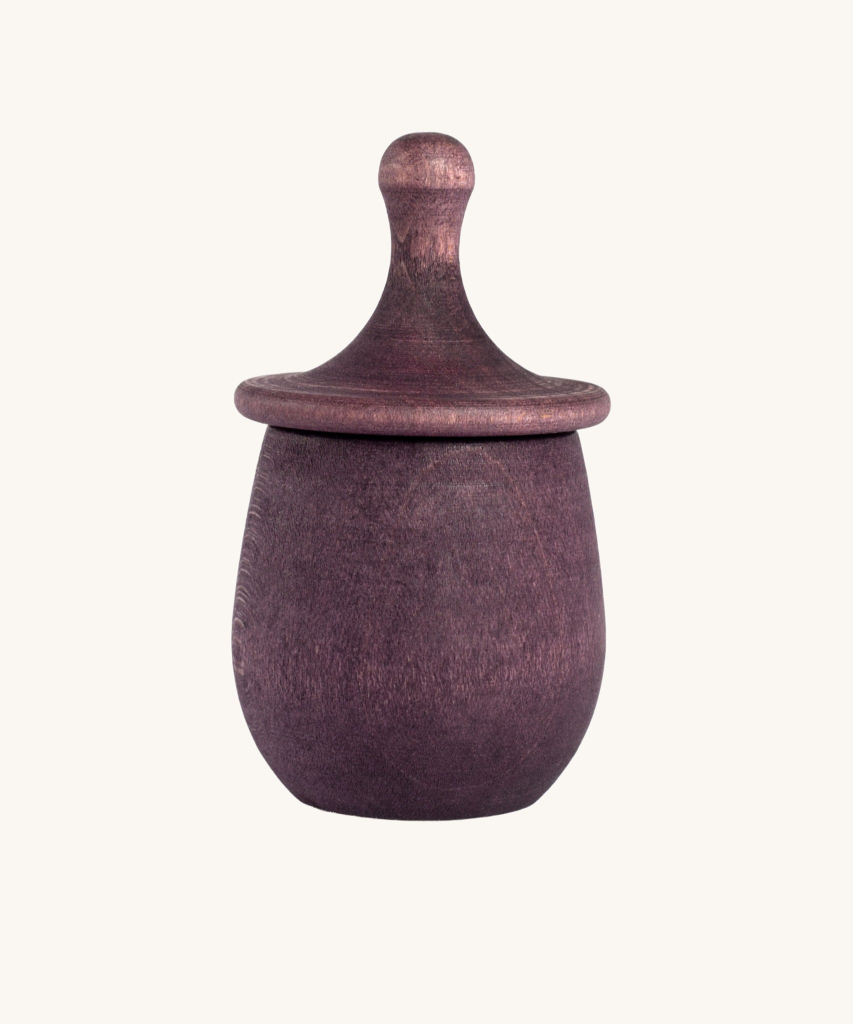 Grapat purple Little Things. A wooden top with eyes drawn on and a purple coloured pot to match. Grapat have a wide range of wooden toys and loose parts available at Babipur. 