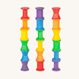 Grapat 18 Wooden rainbow coloured Spools. These wooden toys are part of a wide range of open ended toys available at Babipur.  