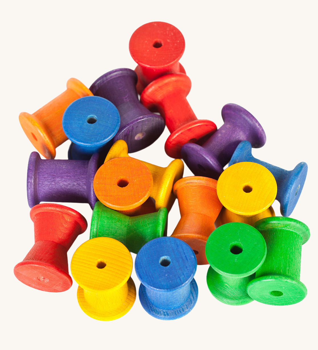 Grapat 18 Wooden rainbow coloured Spools. These wooden toys are part of a wide range of open ended toys available at Babipur.  