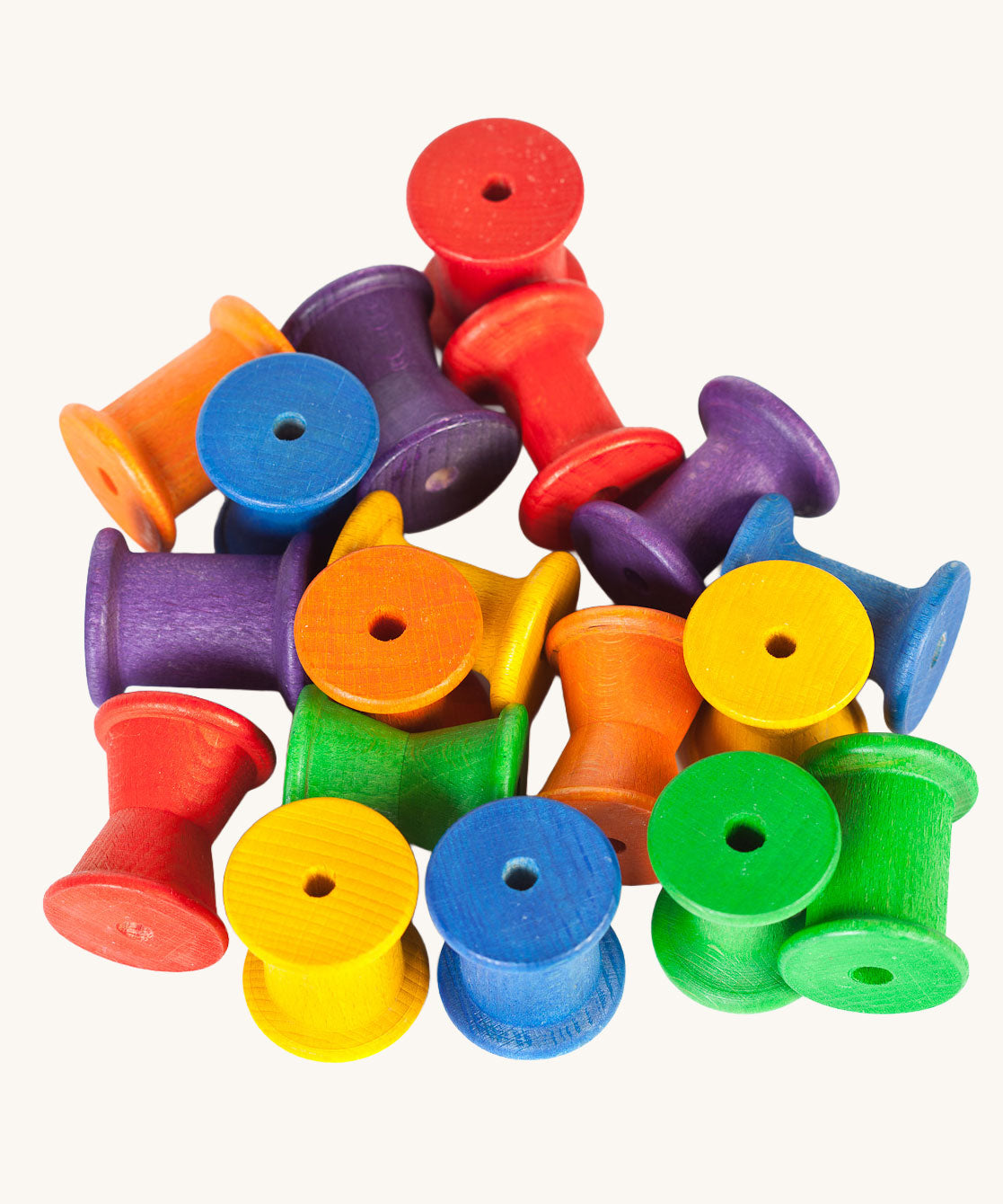 Grapat 18 Wooden rainbow coloured Spools. These wooden toys are part of a wide range of open ended toys available at Babipur.  