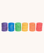 Grapat Loose Parts Rainbow Coins 6 Colours Supplementary Set in a pack of 36. Grapat have a wide range of wooden loose parts and toys available at Babipur. 