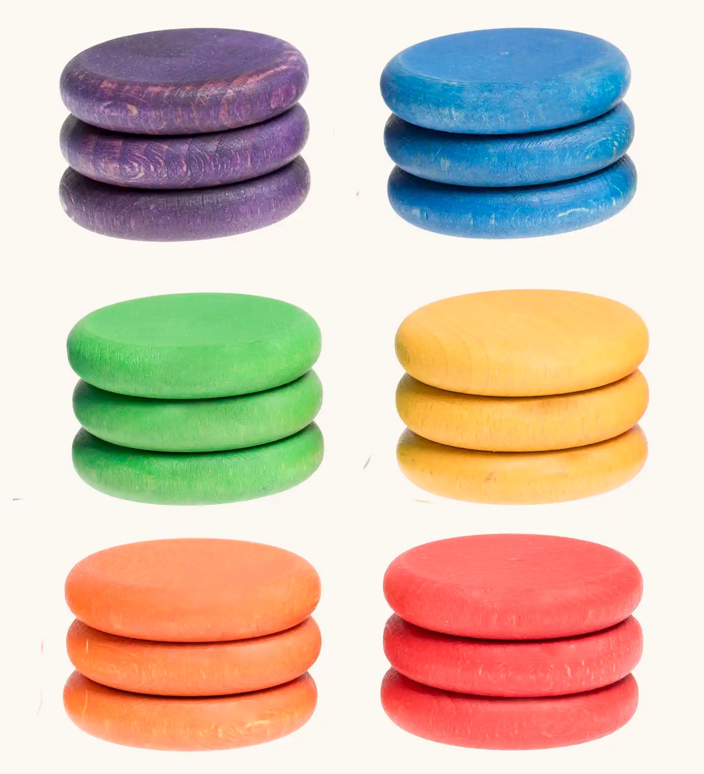 Grapat handcrafted wooden coins loose parts in 6 rainbow colours set in a pack of 18.