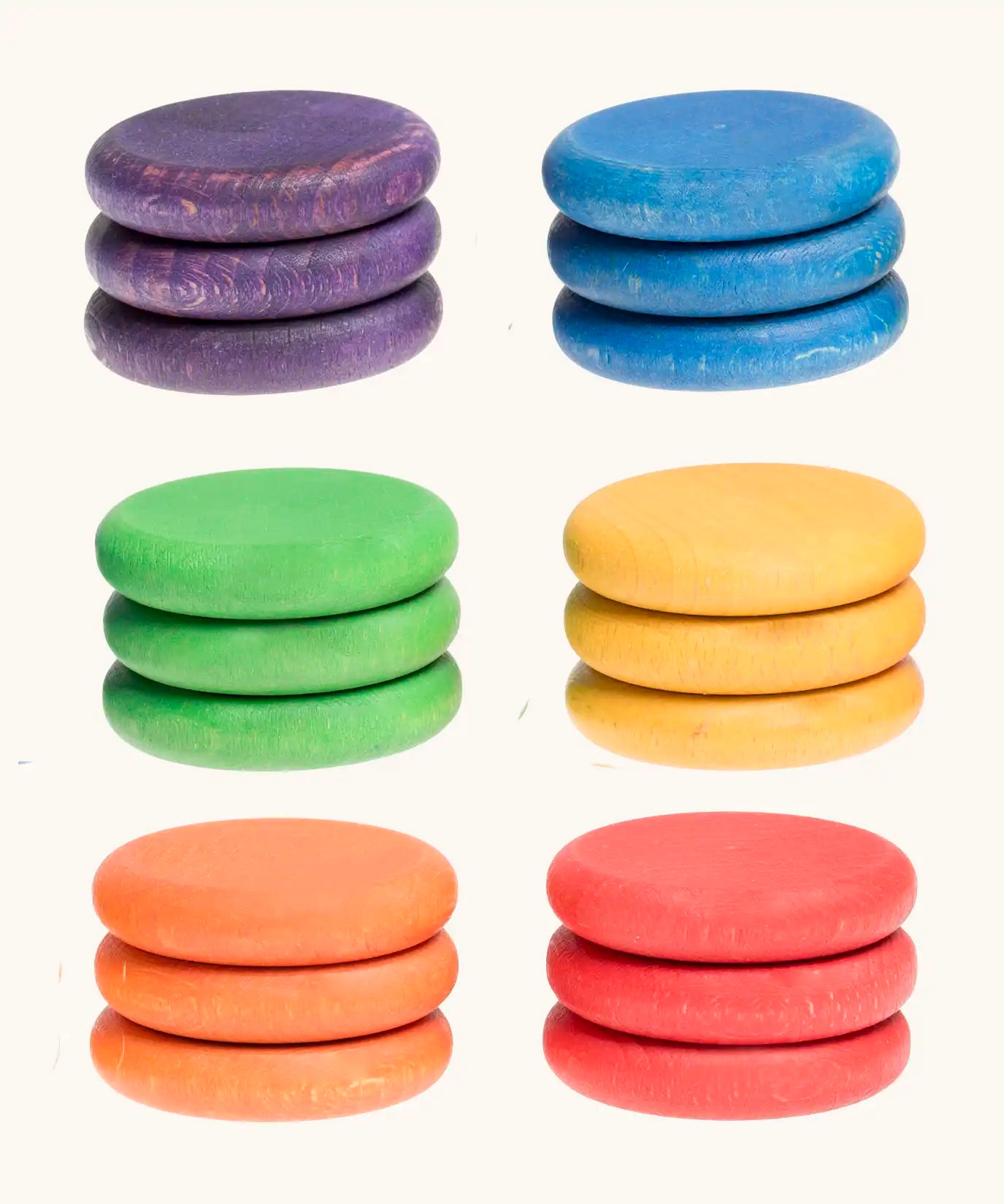 Grapat handcrafted wooden coins loose parts in 6 rainbow colours set in a pack of 18.