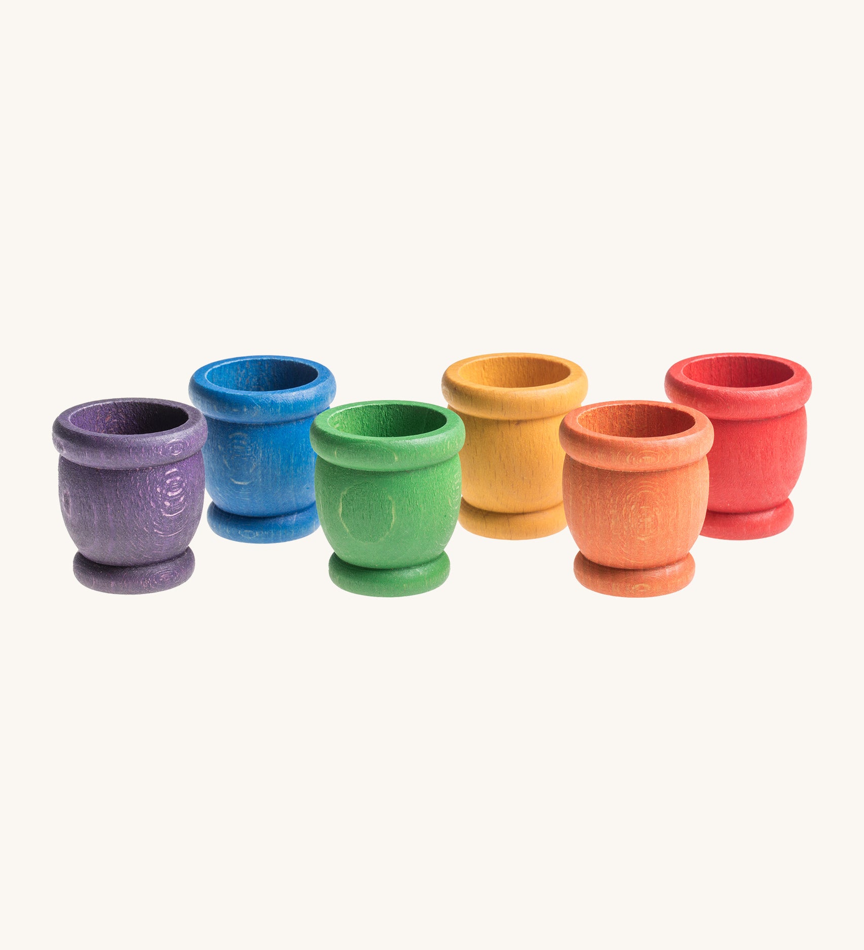 A set of six rainbow mates loose parts. Grapat have a wide range of wooden toys and loose parts available at Babipur.