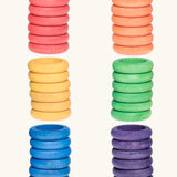 Grapat handcrafted wooden ring loose pieces in 6 rainbow colours, in a set of 36. Perfect for creative play and pattern making